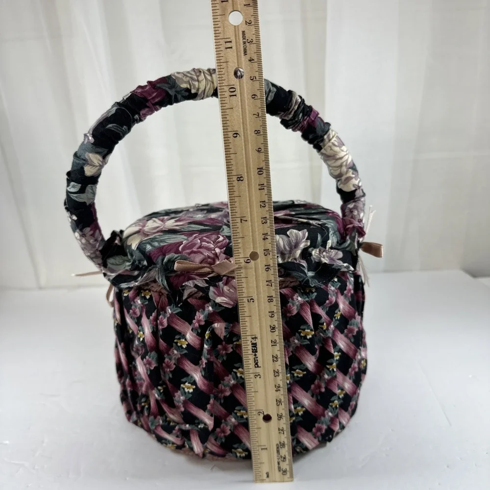 Vintage Fabric Sewing Box With Handle Floral Storage Black Purple Pink Green